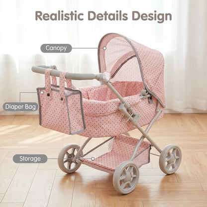 3-in-1 Baby Doll Stroller Set Pink – Foldable Pram with Removable Bassinet & Carry Bag for 14-24 Inch Dolls, Swivel Wheels Adjustable Handle, Role Play Nursery Gift for Girls Ages 3-12