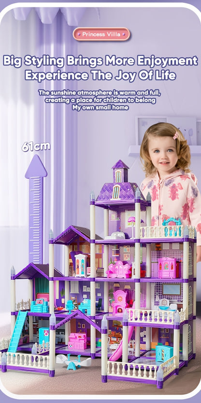 LED Dollhouse Playset for Girls – Purple Multi-Room Playhouse with Doll Figures, Puppies, Furniture & LED Lighting, 6 to 16 Room Options, Creative Imaginative Gift for Girls Ages 3-10 Birthday Christmas