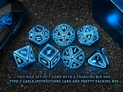 Light Up DND Dice Set with -Rechargeable Charging Case,LED DICE,D20, D12, D10, D100, D8, D6, D4 Polyhedral Dice for RPG Tabletop Games, Clear Numbers, Compatible with DND, Tabletop RPGs, Unique Dice, DND Props, Ideal Christmas, Halloween,Valentines