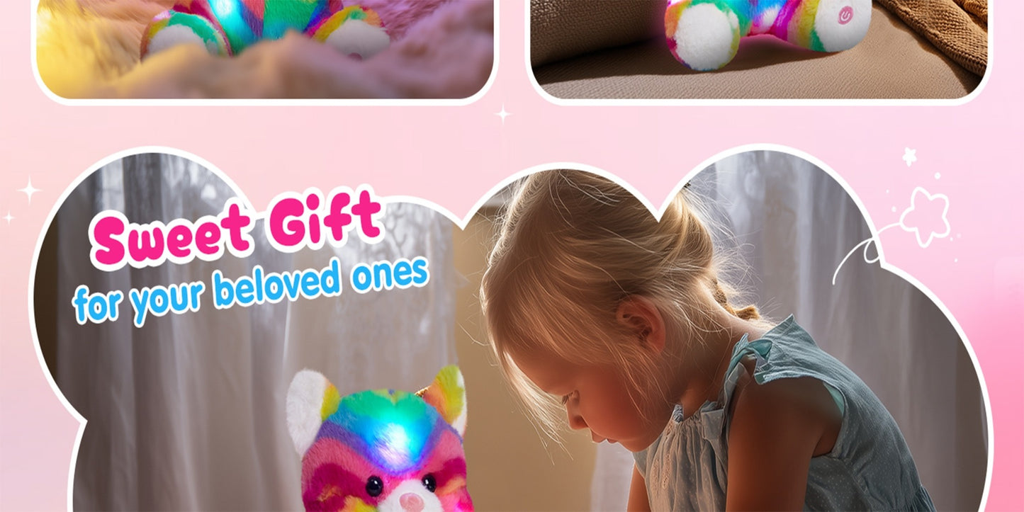 Rainbow Cat Plush Toy Glow in the Dark Musical Stuffed Animal Soft Kawaii Glowing Kitty Night Companion Doll Birthday Mother's Day Gift for Kids Girls Cat Lovers Room Decor
