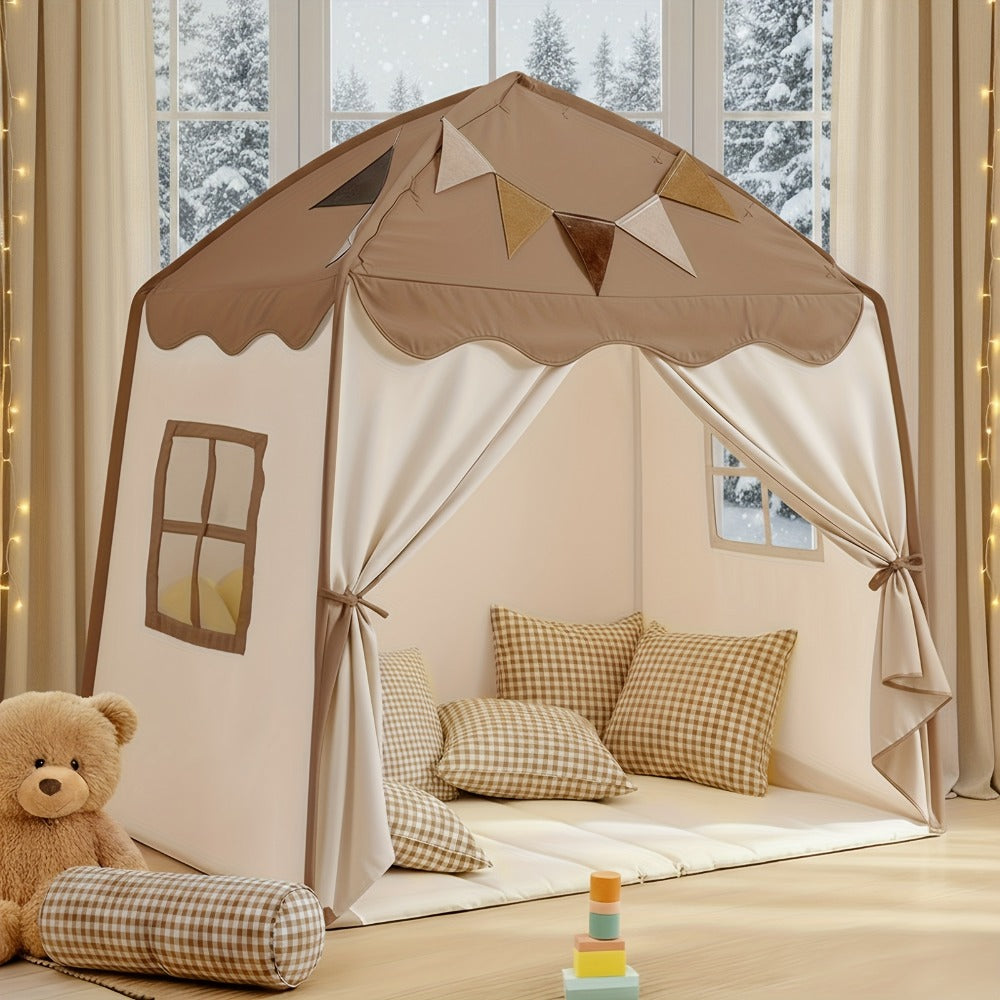 Kids Play Tent Extra Large – Portable Foldable Teepee Indoor Outdoor Dome Playhouse with Flags, Bed Canopy for Boys Girls, Available in Beige Pink Green Brown Cream, 51–59 Inch