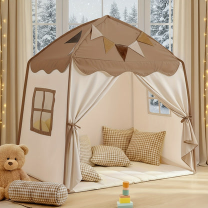 Kids Play Tent Extra Large – Portable Foldable Teepee Indoor Outdoor Dome Playhouse with Flags, Bed Canopy for Boys Girls, Available in Beige Pink Green Brown Cream, 51–59 Inch