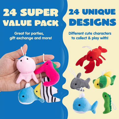 24pcs Mini Sea Animal Plush Toys Bulk Set – Stuffed Ocean Animal Keychains for Party Favors, Pinata Fillers, Goodie Bag Stuffers, Easter Basket, Classroom Prizes, Birthday Christmas Gifts for Kids