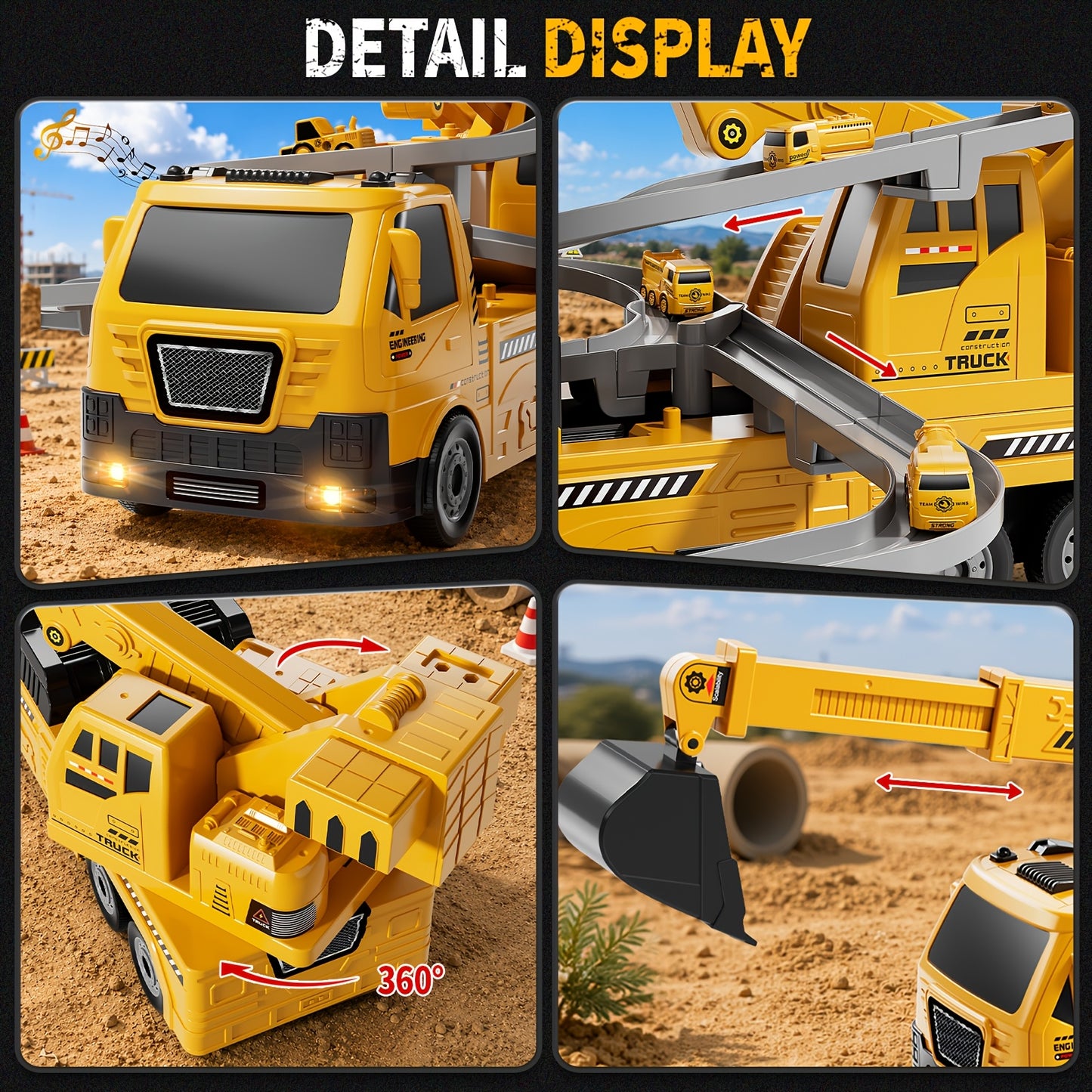 [Birthday Christmas Easter] BABY HOME 3-In-1 Crane & Excavator & Cars Racing Track Play Set for Aged 3+, Construction Vehicle Toy with Light & Sound, Birthday Christmas Easter Holiday Toy Gift