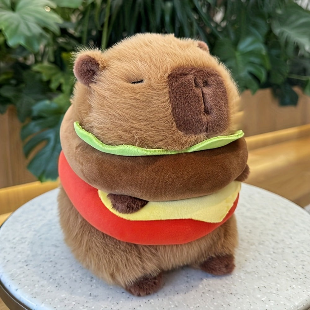 Capybara Plush Stuffed Animal Hamburger — Funny Cute Kawaii Capybara with Burger Hat Soft Plush Toy, Couch Pillow Doll, Unique Gift for Girls Kids Teens, Birthday Christmas Gift