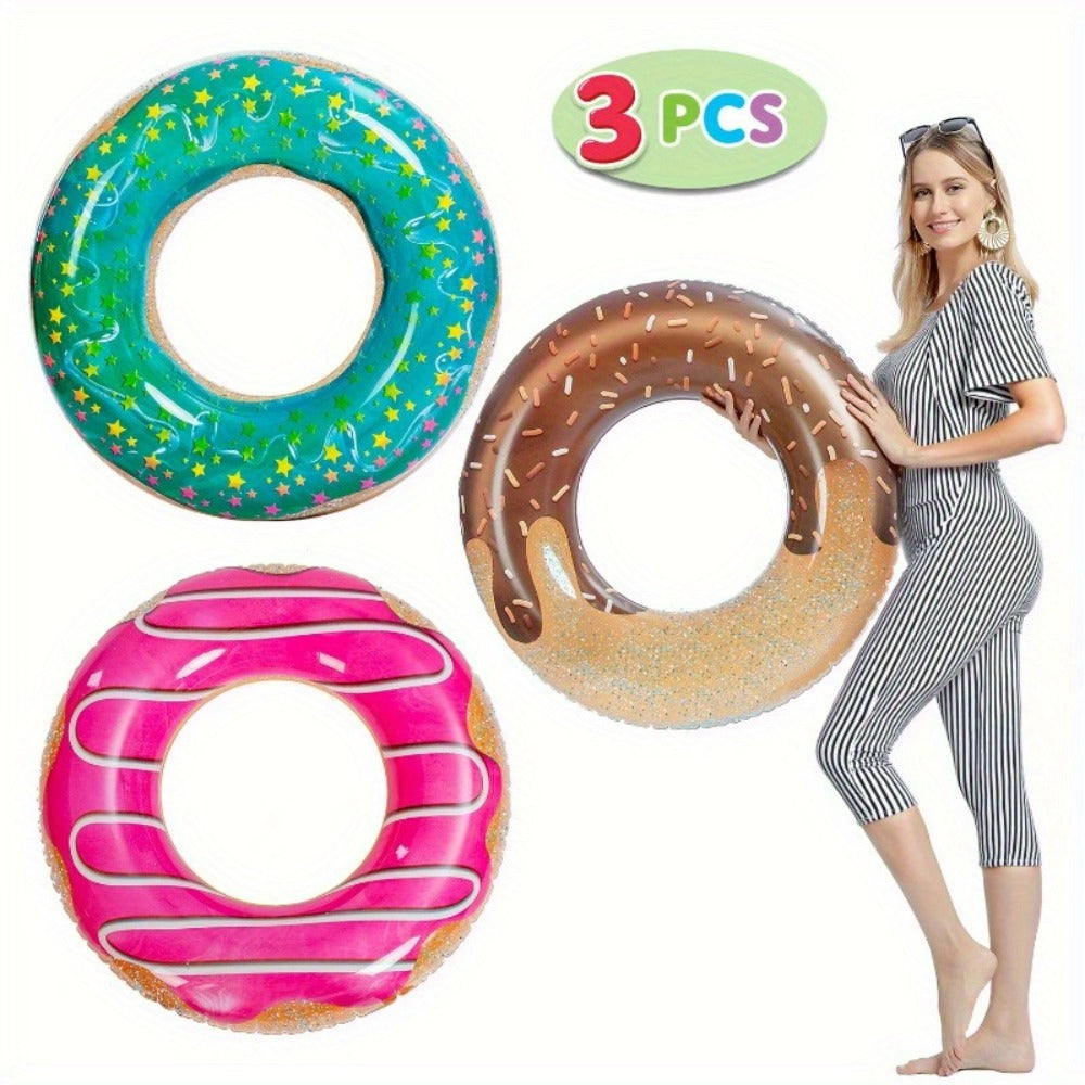 Inflatable Donut Pool Float 3-Pack 32.5 Inch Glitter Swim Ring Set – Strawberry Chocolate Mint Pool Tubes for Summer Pool Party Kids & Adults