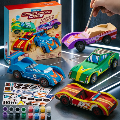 4pcs Wooden Race Cars - Build Toy for Kids, Paint Your Own Wood Art Craft Kit Toy, 4pcs Race Cars Toy, Easy to Assemble Arts Crafts Kit, Christmas Birthday Party Gifts for Boys And Girls