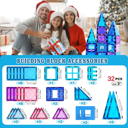 Magnetic Tiles Building Set 32 Pcs – 3D Magnetic Building Blocks for Kids Ages 3-8, Princess Castle Construction Toy for Boys & Girls, STEM Educational Gift for Birthday Christmas