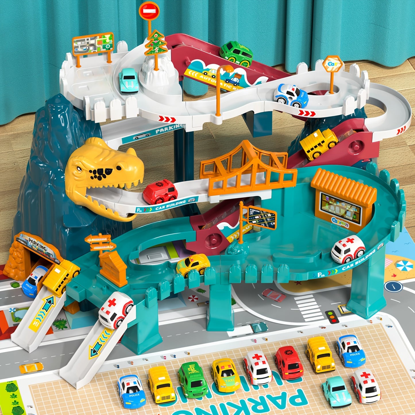 Dinosaur Race Track for Kids, Toy Car Ramp Track Dinosaur Toys Playset with 10 Cars for Kids Boys And Girls