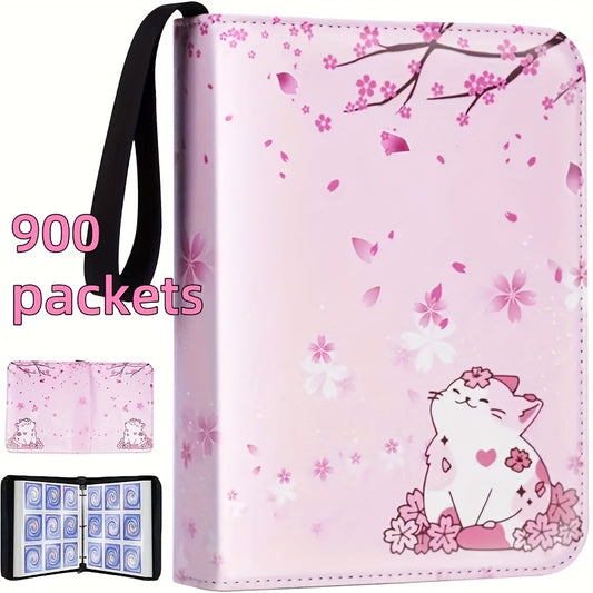900 Pocket Zippered Collector's Album with Floral Design,- Premium PU Leather Trading Card Binder. Pink Cherry Blossom & Cat Illustration, Waterproof & Durable for Sports And Trading Game Cards