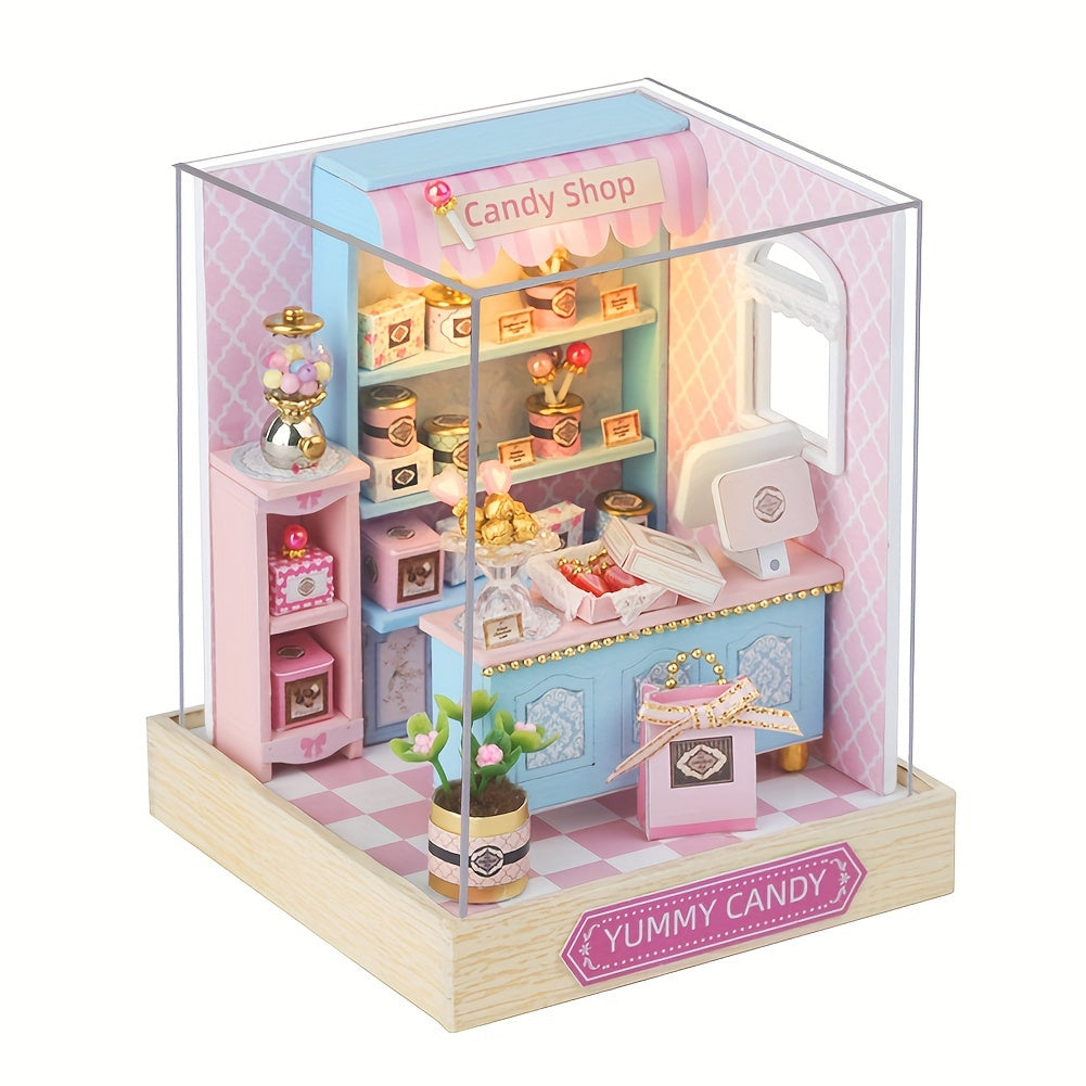 DIY Miniature Shop Dollhouse Kit with Dust Cover – Wooden Mini Store Assembly Set, 4 Themes Sakura Noodles Candy Atelier Coffee, Creative Home Decor Display Gift for Adults & Teens Birthday Christmas