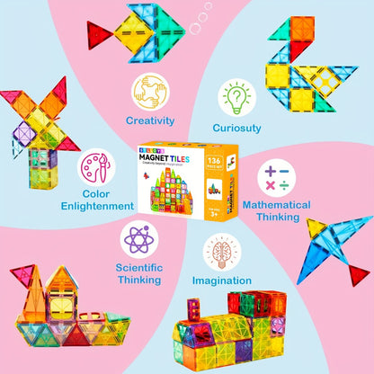 Magnetic Tiles for Kids 80/106/136pcs with 2 Cars – STEM Magnetic Building Blocks Construction Toy Set, Crystal Clear ABS, Sensory Learning Toy for Boys Girls Ages 3 4 5 6 7 8 9+, Birthday Christmas Gift