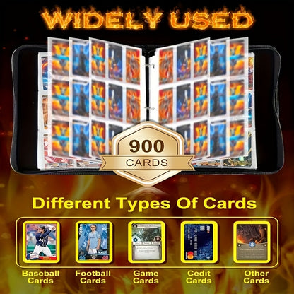 Trading Card Album for Collectors, 900 Card Capacity, 9 Pocket Card Binder with 50 Removable Sleeves, 3-Ring Card Holder for MTG, TCG, Sports Cards, Waterproof PU Leather