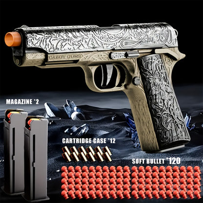 Cool Toy Gun with 120 Soft Bullet Shells & Ejecting Shells System - Semi-Automatic Rapid-Fire Pistol Suitable for Boys, 2 Magazines & 12 Shells/Bullets for Indoor/Outdoor Shooting Games, Birthday Gifts for (Fake Gun for Role Play)