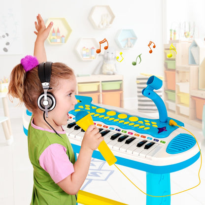 COSTWAY 31-Key Piano Toy, Portable Musical Instrument W/ Multiple Sounds And Light Effect, Adjustable Microphone And Stool, Cute Toy Keyboard for Boys And Girls, Gift for 3+, Blue