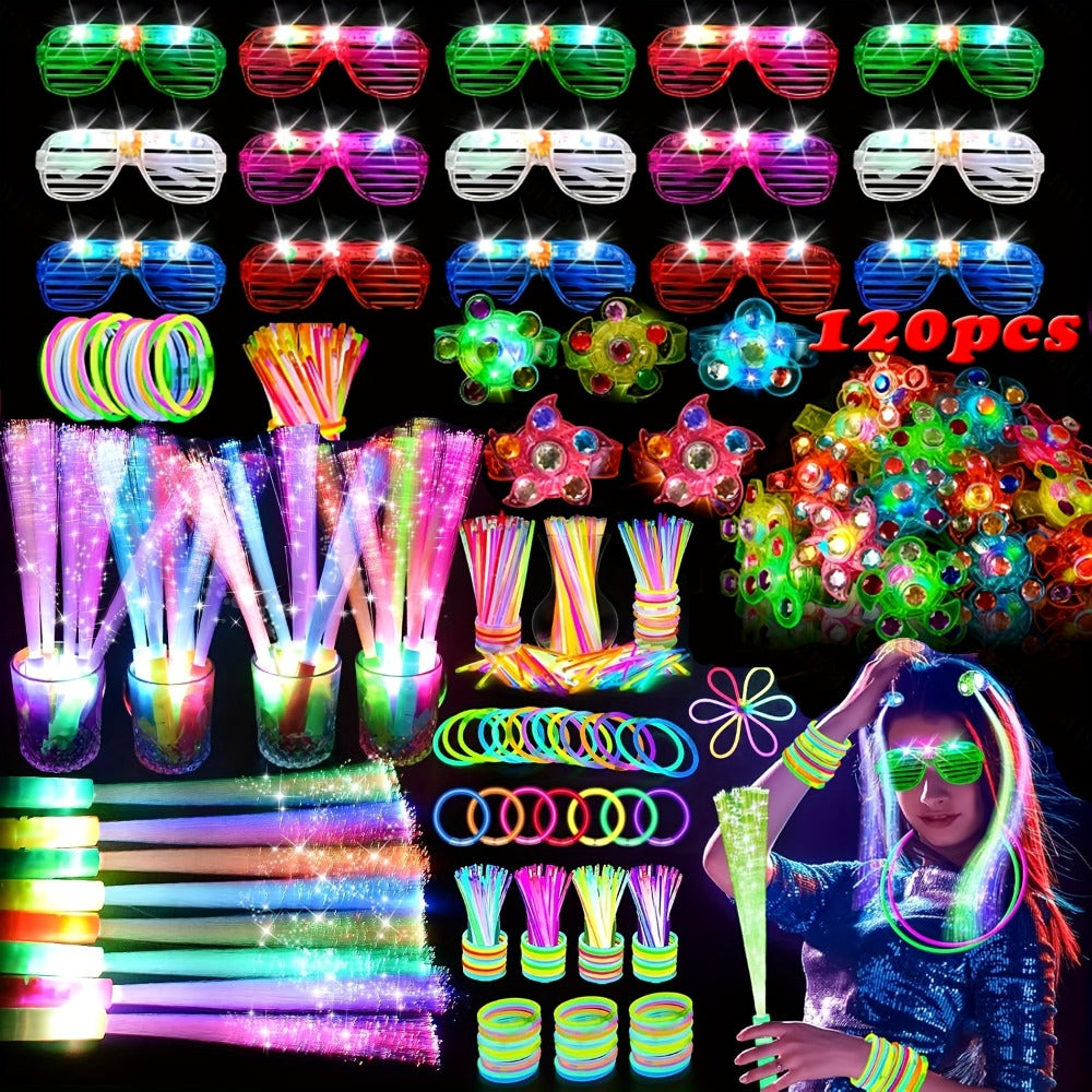 Glow in the Dark Party Supplies 120 Piece Set – Glow Rings, LED Glasses, Glow Sticks & Fiber Optic Hair Clips for Neon Party, Birthday, Wedding, Concert & New Year
