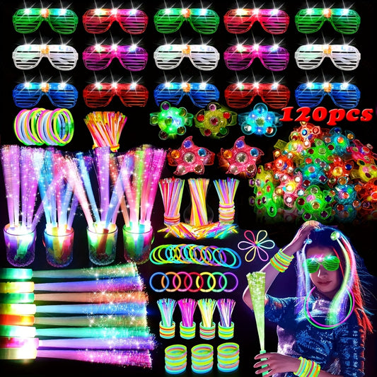 MEZHOBBY 120pcs Glow In The Dark Party Supplies, Including Glow Rings, Glowing Ring, LED Glasses, Glow Sticks And LED Hair Clips Fiber Optic for Neon Party, Wedding, Birthday, Concert, New Year