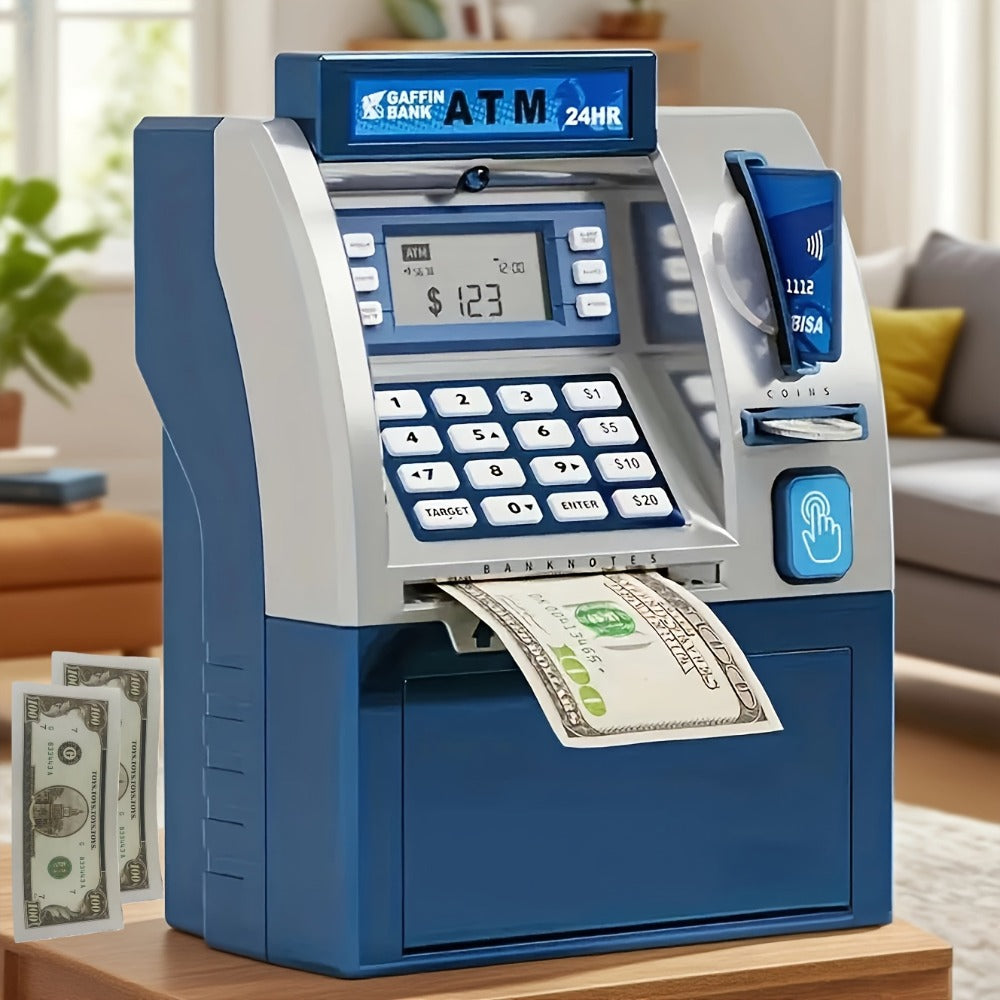 Electronic ATM Kids Piggy Bank with Password – Banknote & Coin Savings Bank for Boys Girls, Birthday Gift, Christmas Gift, Interactive Money Bank Toy, Black & Blue