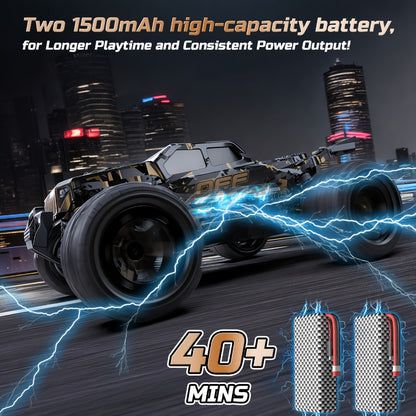 DEERC 1/16 All-Metal 42KM/H RC Truck 4WD Off-Road Monster Truck with Dual 1500mAh Batteries, LED Headlights & Wheelie Bar – High Speed Remote Control Car for Adults & Hobbyists (Black)