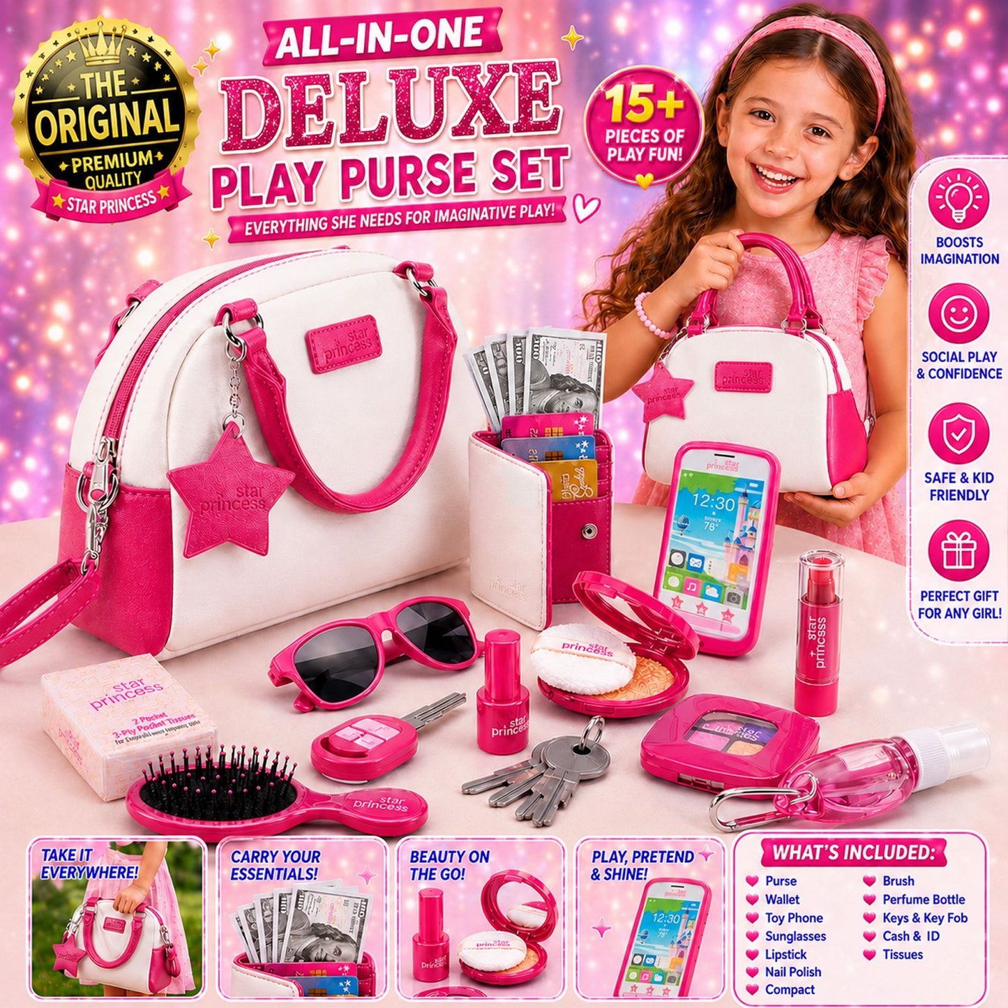 Girls Pretend Play Purse Set with Toy Phone, Makeup, Wallet, Keys and Credit Cards – Role Play Accessories for Girls Ages 3 to 8