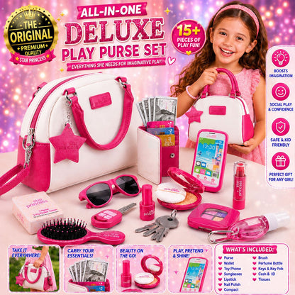 Girls Pretend Play Purse Set with Toy Phone, Makeup, Wallet, Keys and Credit Cards – Role Play Accessories for Girls Ages 3 to 8