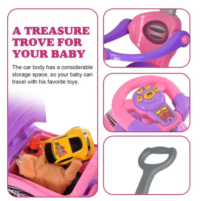 3-in-1 Toddler Push Ride & Walker Car – Baby Ride-On Toy with Guardrail, Music & Under-Seat Storage for Ages 18–36 Months | Indoor Outdoor Safe Play | Pink, Red