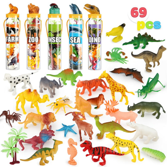 Animal Figures Toys for Kids 69pcs – 5-Set Nature World Mini Animal Figurines with Sensory Bin, Zoo, Ocean, Farm, Dinosaur & Jungle Animals, Easter Basket Stuffers & Birthday Party Favors