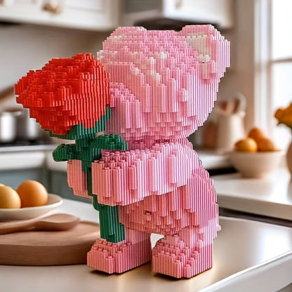 Rose Bear Building Blocks Set 4051 Pieces – Romantic Bear Holding Rose Brick Model Kit High-Difficulty Display Build, Unique Valentine's Day Anniversary Birthday Gift for Girlfriend Wife