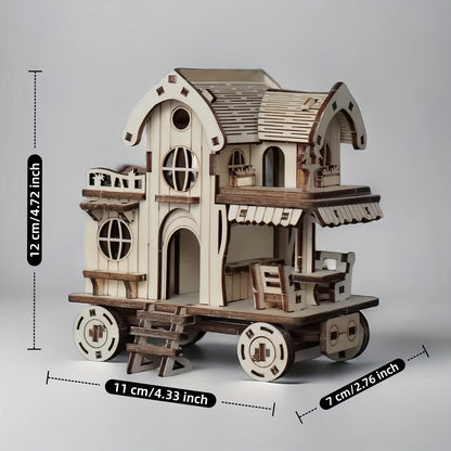 A 3D Wooden Puzzle of a Villa, Featuring a Mobile House on Wheels, Designed As a Model of a Wooden Café Bar. These Handcrafted Wooden Assembly Blocks Make an Ideal Gift for Loved Ones