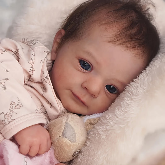 Pink Reborn Baby Doll 16 Inch Hand-Rooted Brown Hair Cloth Body Vinyl Limbs Hand-Painted Skin – Lifelike Newborn Girl Angie with Pacifier Feeding Container Birth Certificate, Gift for Kids Ages 3+