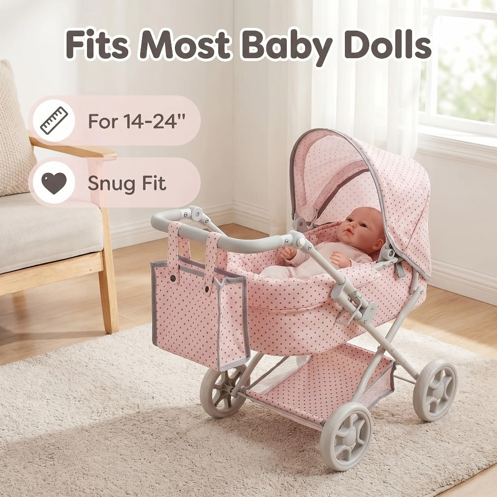 3-in-1 Baby Doll Stroller Set Pink – Foldable Pram with Removable Bassinet & Carry Bag for 14-24 Inch Dolls, Swivel Wheels Adjustable Handle, Role Play Nursery Gift for Girls Ages 3-12