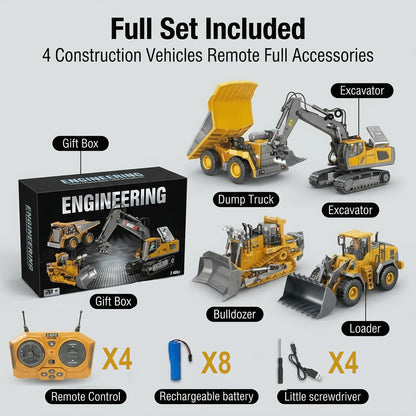 2pcs/3pcs/4pcs Set Remote Control Engineering Vehicle Set, 2.4G High-Tech 11-Channel Remote Control Excavator Dump Truck Bulldozer Alloy Plastic Engineering Vehicle Remote Control Construction Toy Car Set-Lingkun