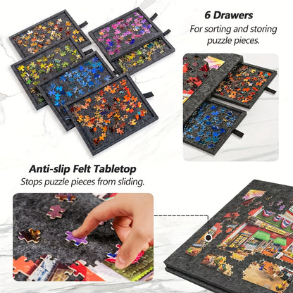 Portable Puzzle Table, Lightweight Felt Jigsaw Board Featuring 6 Storage Drawers, Adjustable Tilt Function, 2-In-1 Stand with a Protective Cover, Non-Slip Surface And Carry Handle, Perfect Gift for Puzzle Lovers
