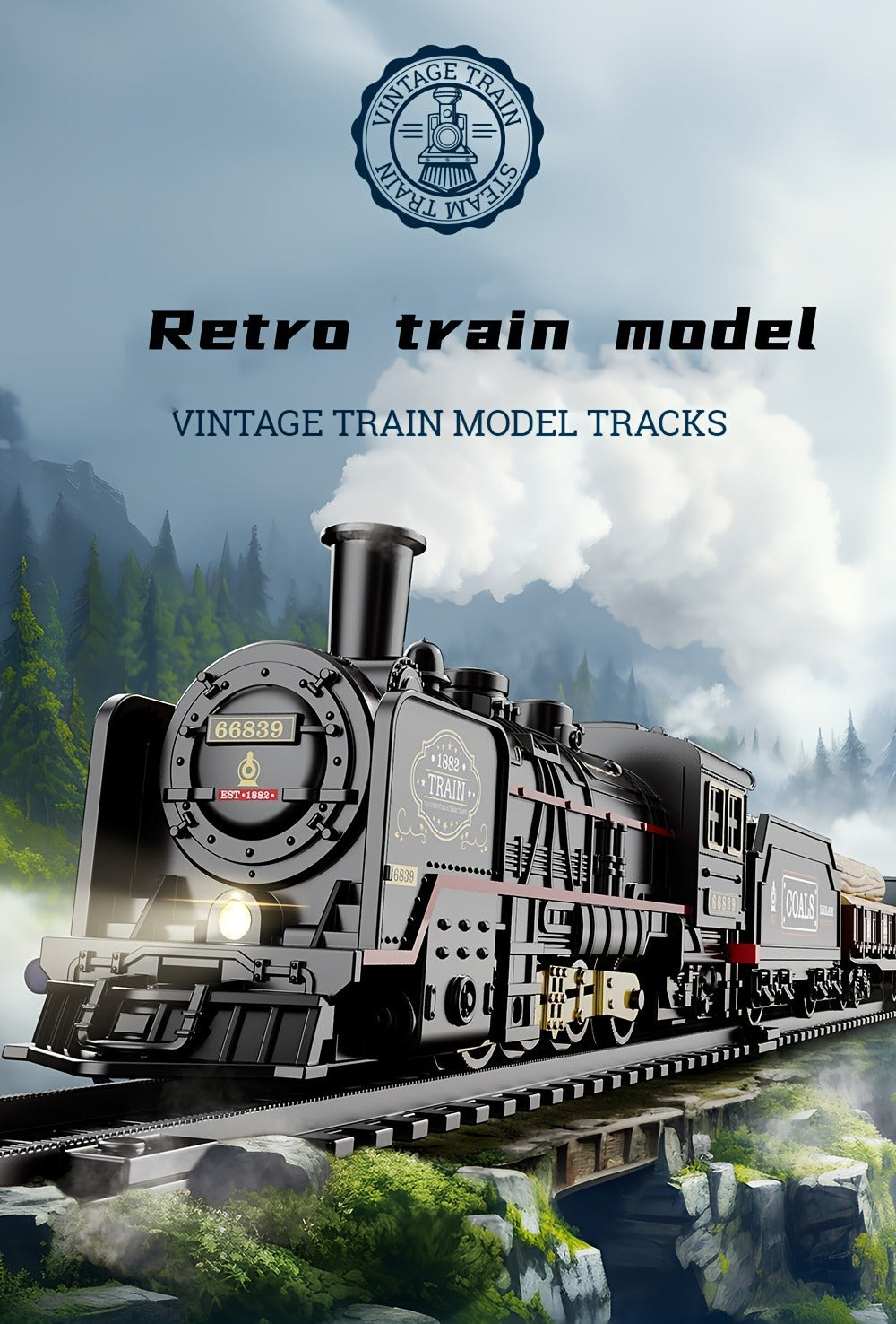 Battery Operated Steam Engine Train Toy Set with Tracks – Electric Locomotive Model for Kids Boys Girls Ages 3+, Classic Black Train, Birthday Christmas Halloween Gift