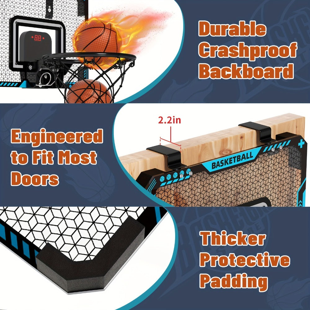 Door Basketball Hoop Set for Kids & Adults – Indoor Outdoor Mini Basketball Stand with LED Lights, Electronic Scoreboard & 4 Basketballs, Perfect Birthday & Christmas Gift for Boys and Girls