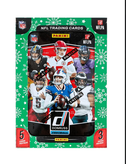 2025 Panini Donruss Football Holiday Tin + Jumbo Value Pack Bundle – 3 Exclusive Press Proof Purple Cards, 400-Card Base Set, Gridiron Kings & Rookie Hits for NFL Collectors