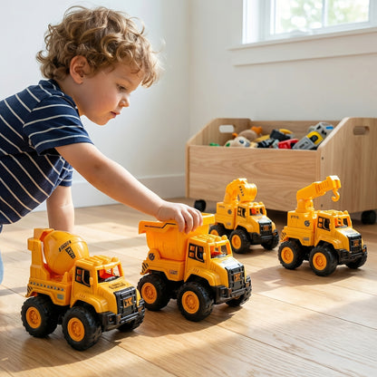 4pcs STEM Children's Construction Toy Vehicle Kit, Sandbox Excavator Construction Truck Dump Crane Cement Mixer, Encourages Hands-on Learning Imaginative Play-Perfect Gift for Halloween, Christmas