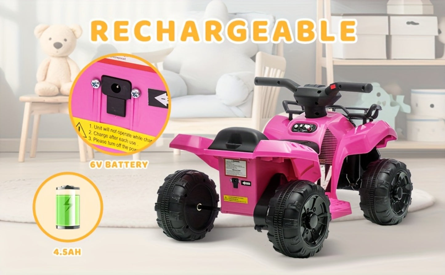 6V Kids Ride On ATV 4-Wheeler Quad Electric Toy Car for Toddlers 18-36 Months Boys Girls Best Birthday Gift with Treaded Tires Push Button Go