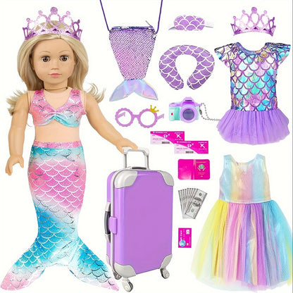 18 Inch Doll Clothes.(No Doll)And Accessories Mermaid Dress Luggage Case Travel Play Set Include Suitcase, Dresses, Bag, Camera, Glasses, Pillow, Eyeshade.Christmas Gift for Ages 3+
