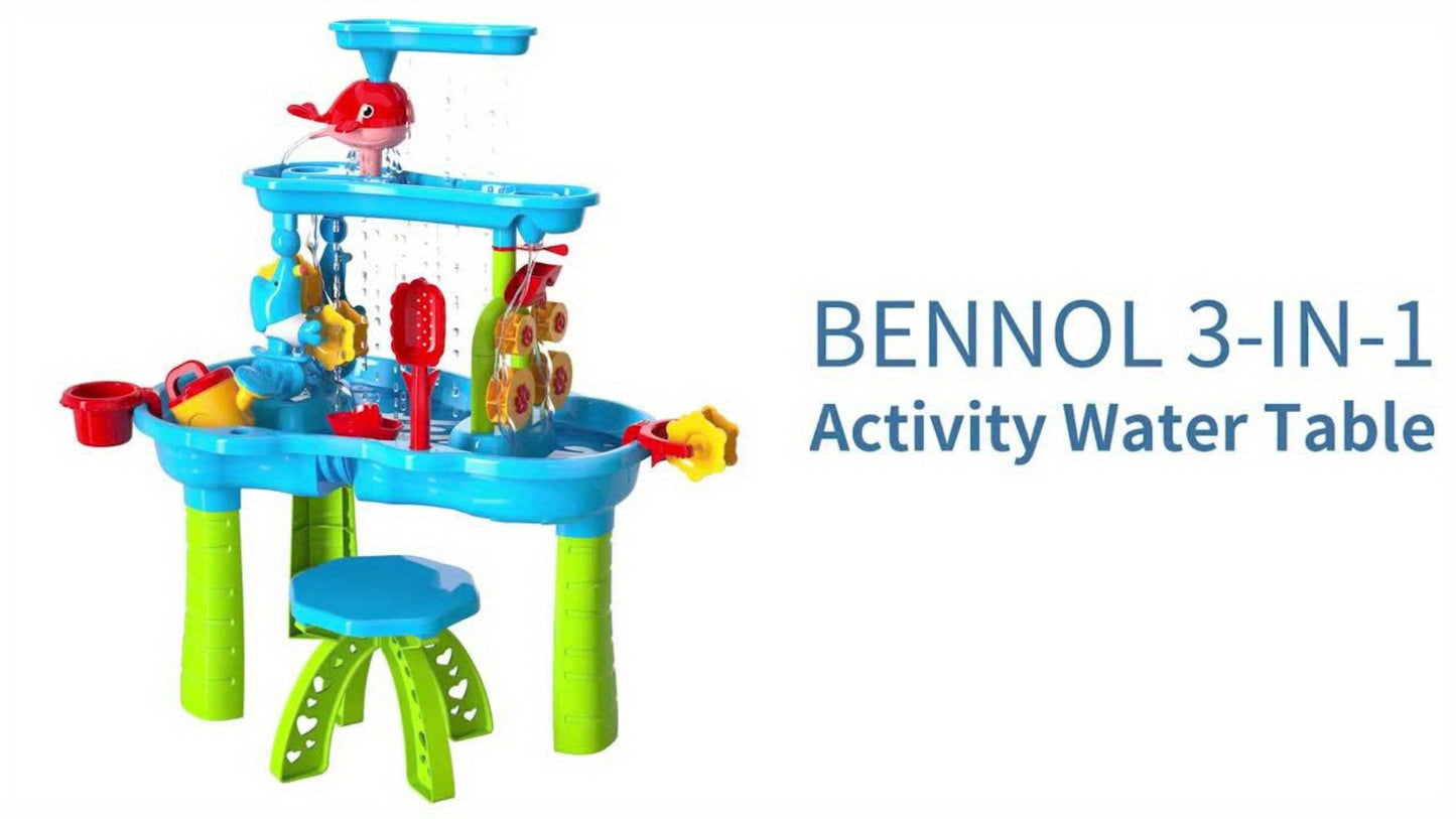 Sand Water Table for Kids 3-Tier Outdoor Sensory Play Table with Shovel Scoop & Strainer – Backyard Beach Summer Toy for Toddlers Boys Girls (Blue)