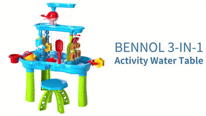 Sand Water Table for Kids 3-Tier Outdoor Sensory Play Table with Shovel Scoop & Strainer – Backyard Beach Summer Toy for Toddlers Boys Girls (Blue)