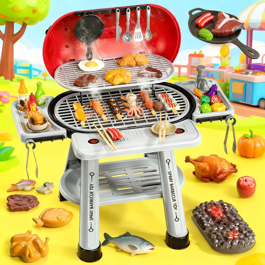 Imaginative BBQ Grill Playset for Kids, Two-Tier Structure, Includes Toy Food Items Like Meats, Fruits, Spices, And a Functional Water Tap, Suitable for Girls Aged 3 And Up