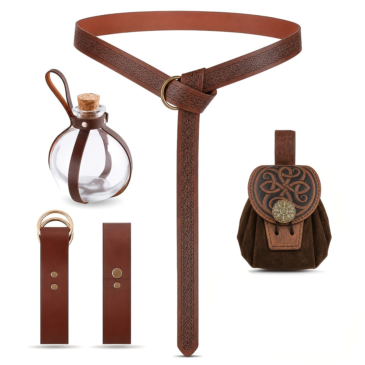 5pcs Medieval Viking Renaissance Belt with Potion Bottle Belt Bag & Faux Leather Harness - Costume Accessory Suitable for Renaissance Fairs, Halloween, Themed Parties - Role-Play Gear (Not Wearable Clothing)