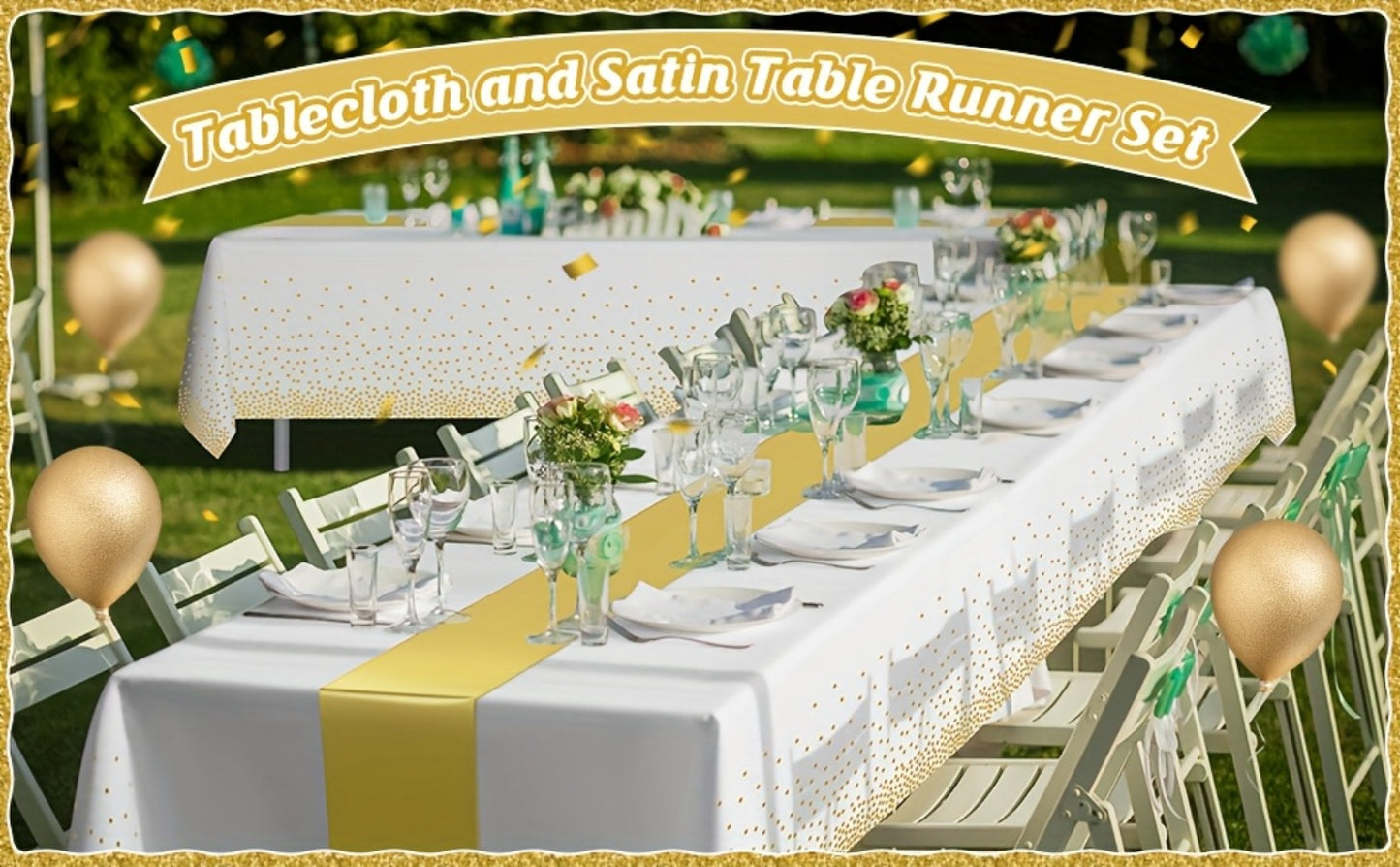 Disposable Tablecloth & Table Runner Set 10 Pack White & Gold Plastic Party Table Covers for Wedding, Birthday, Graduation, Anniversary – Elegant Party Decorations Bulk