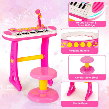 COSTWAY 31-Key Piano Keyboard Toy with Stool, Portable Electronic Music Instrument, Adjustable Microphone, Recording And Playback Features, Light Effects, Educational Gift for Kids Aged 3 And Up