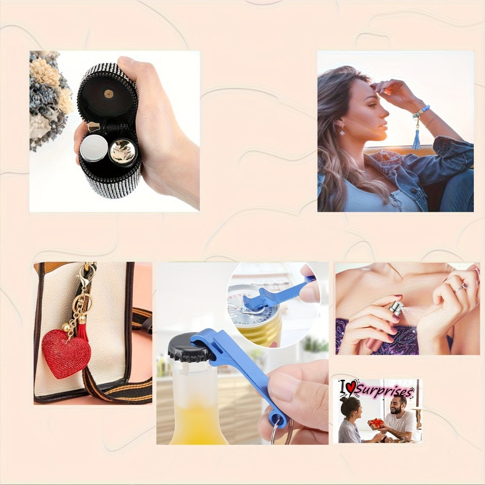 Women's Rhinestone Keychain Set 13-Piece – Safety Gadgets with Window Breaker Whistle Hand Sanitizer Holder Perfume Bottle Beaded Bracelet PU Tassel, Holiday Gift Box for Women