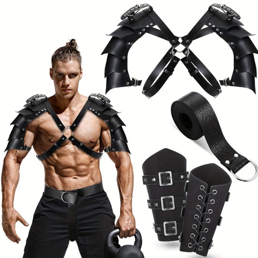Medieval Knight Costume Set 4pcs PU Leather Shoulder Armor Cape Arm Guards & Belt for Men – Viking Warrior LARP Cosplay Halloween Renaissance Faire Prop, Black