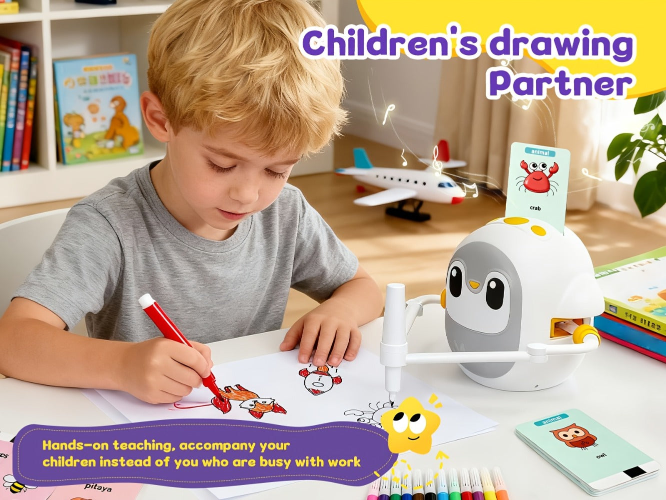 Drawing Robot for Kids with 200 Learning Cards & 12 Color Pens | Interactive Educational Toy, Tablet-Free Drawing Game, Step-by-Step Lessons, Suitable for Boys & Girls Ages 3+, ABS Material, USB Charging