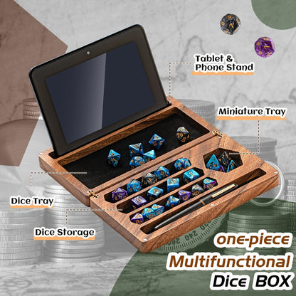 Walnut Dice Box & Rolling Tray 4.8x9 Inch Handmade – Magnetic Flip Lid, Dice Storage, Phone & Tablet Stand for Tabletop RPG Board Games, DnD Accessories & Gamer Gift