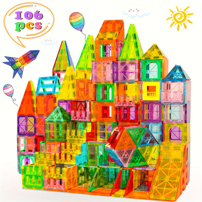Magnetic Tiles 106pcs, 136pcs With 2 Cars, STEM Approved Educational Magnet Building Toys, Magnet Puzzles Stacking Blocks For Boys Girls, Best Birthday Christmas Gift For 3+ Years Old